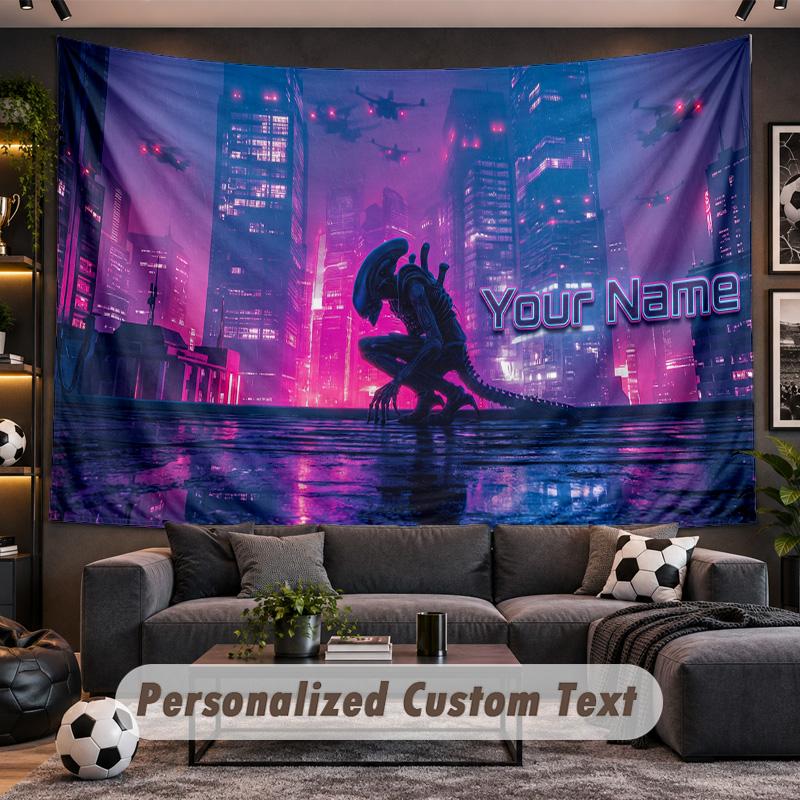 Alien Xenomorph Personalized Tapestry Support Custom Name, Wall Art Home Decoration