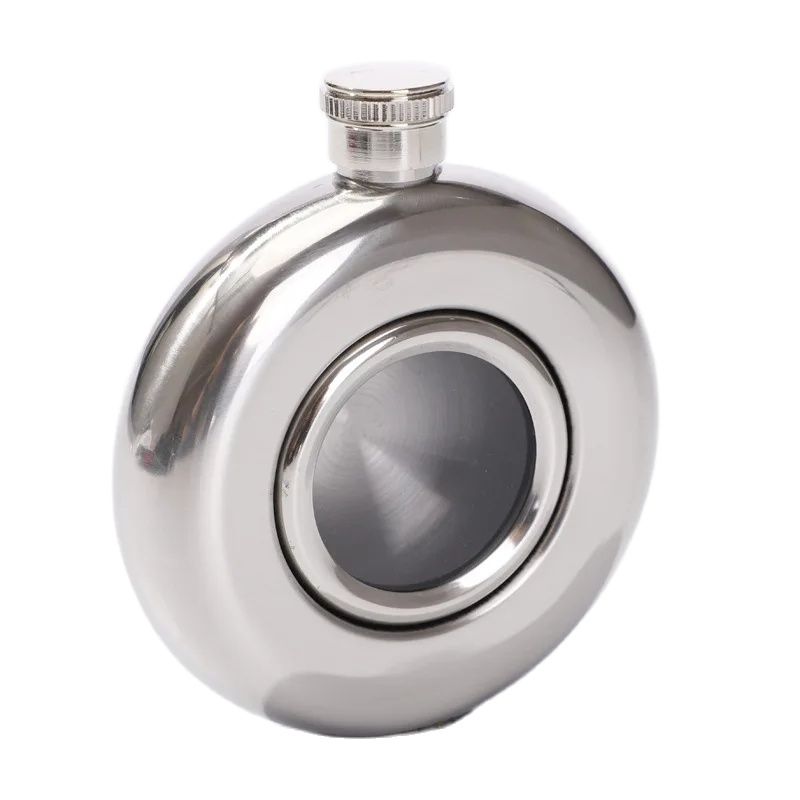 Steel Mini Clear Hip Flask Round Pocket Window Russia Flagon Bar Whisky Bottle 5oz
