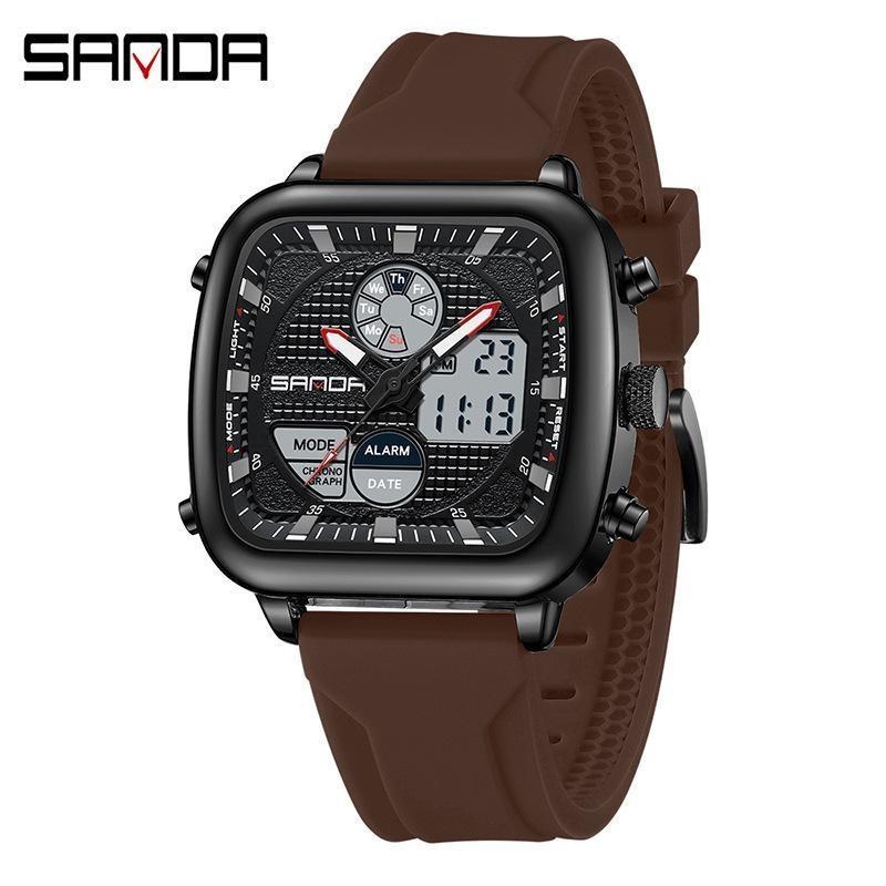 SANDA Retro Square Double Display Electronic Watch Night Light Waterproof Business Leisure Men's Watches Sports Silicone Strap Wristwatch