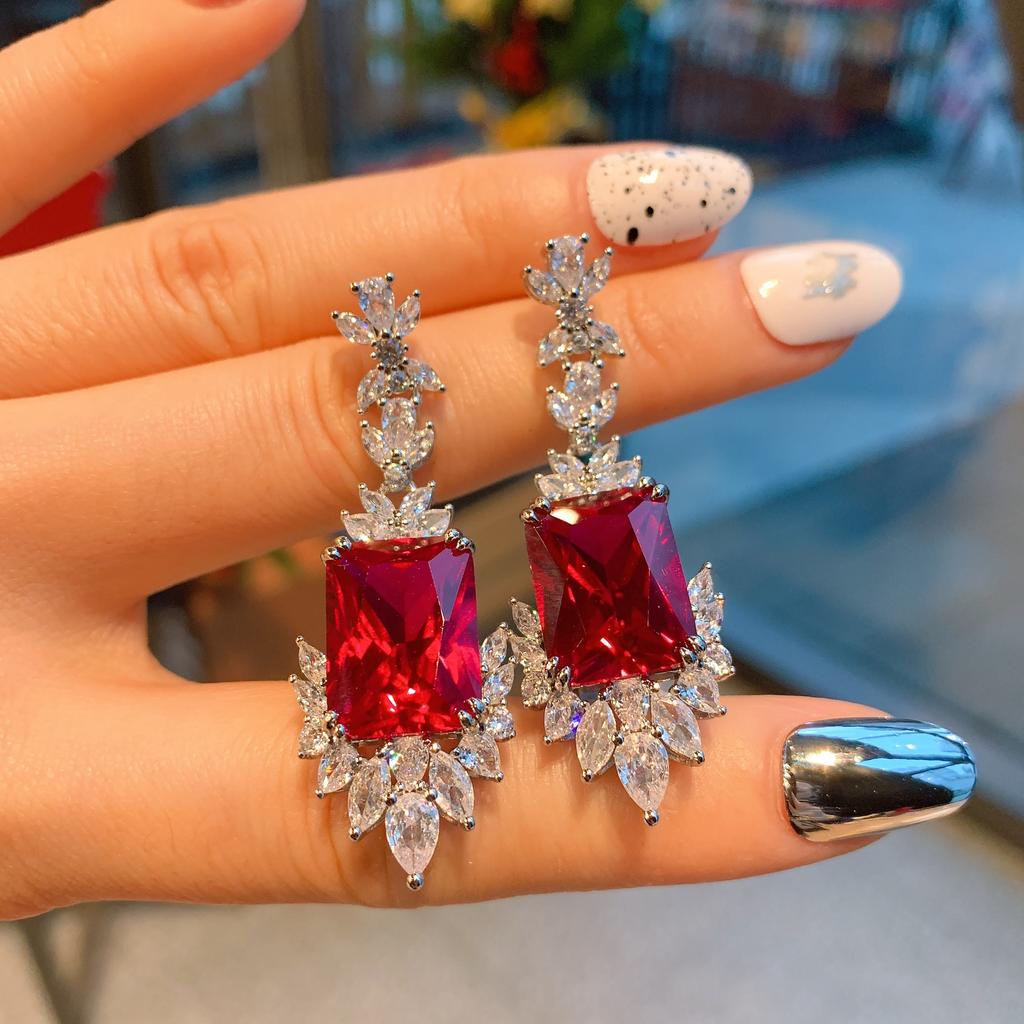 Jewelry Simulation Red Glass Ring Necklace Stud Earrings Set Creative Full Diamond Luxury Set 12 * 16