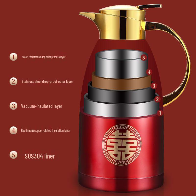 Wedding Dowry Red Insulated Thermos Flask Set - Pair of 304 Stainless Steel Kettles with Cups