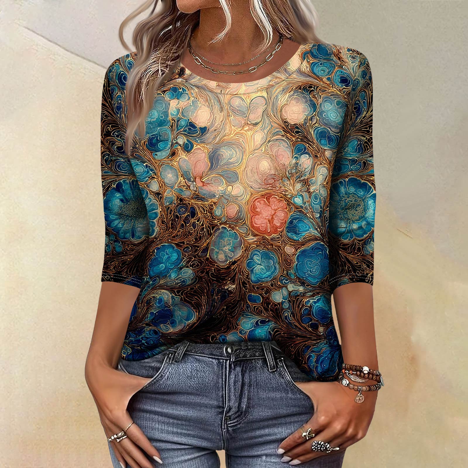 

Трендовий вінтажний топ з рукавом 3/4 для жінок, жіноча повсякденна блузка-футболка з круглим коміром та принтом, рукав три чверті XL світло-синій колір