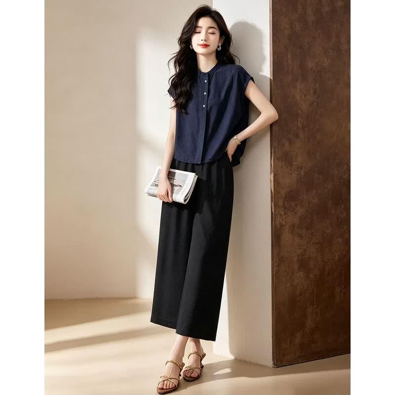 D.F.DEAR Women's Stand Collar Sleeveless Shirt & Wide-Leg Pants Set