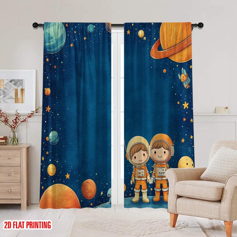 2pcs 2D flat printing Window Treatment Curtains Space Adventure Planet Astronaut Digital Printed Polyester Drapes Seasonal Party