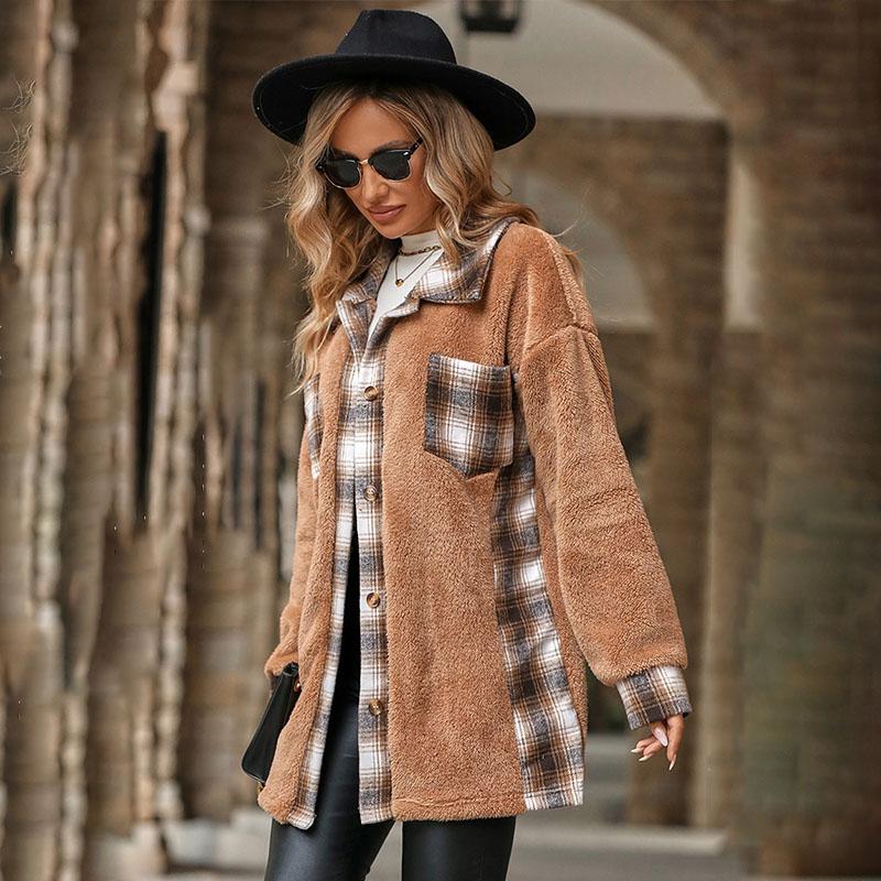 Turndown Collar Plaid Plush Jacket Women's Single Breasted Long Sleeved Coat Medium Length Loose Warm Outerwear Autumn and Winter New Fashion