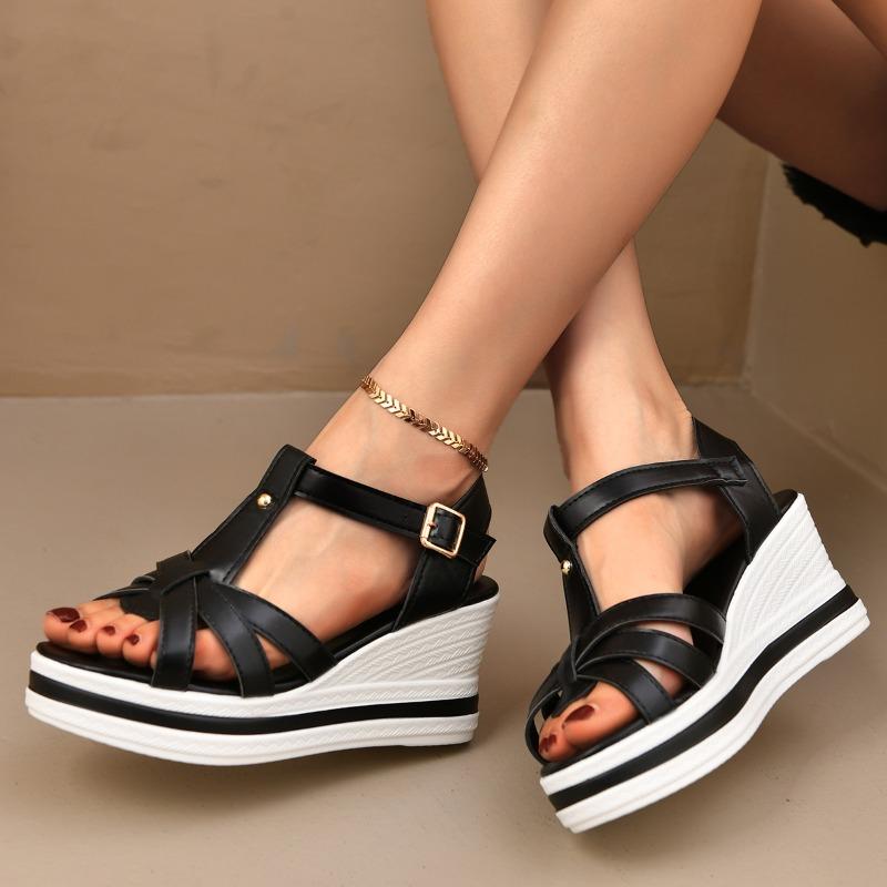 Fashion Summer Versatile Platform Heels Platform Patent Leather T-Buckle Open Toe Wedge Sandals for Women 2025