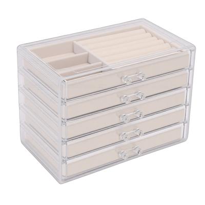 Boîte à Bijoux 5 Tiroirs Plateau pour Boucles d'Oreilles Vitrine Transparente Doublée pour Bijoux pour Femmes