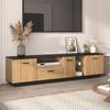 TV Cabinet with One Drawer, Three Doors, Two Open Compartments with Glass, Fine Structure, Black and Natural Wood Colors, 16 Variable LED Lights
