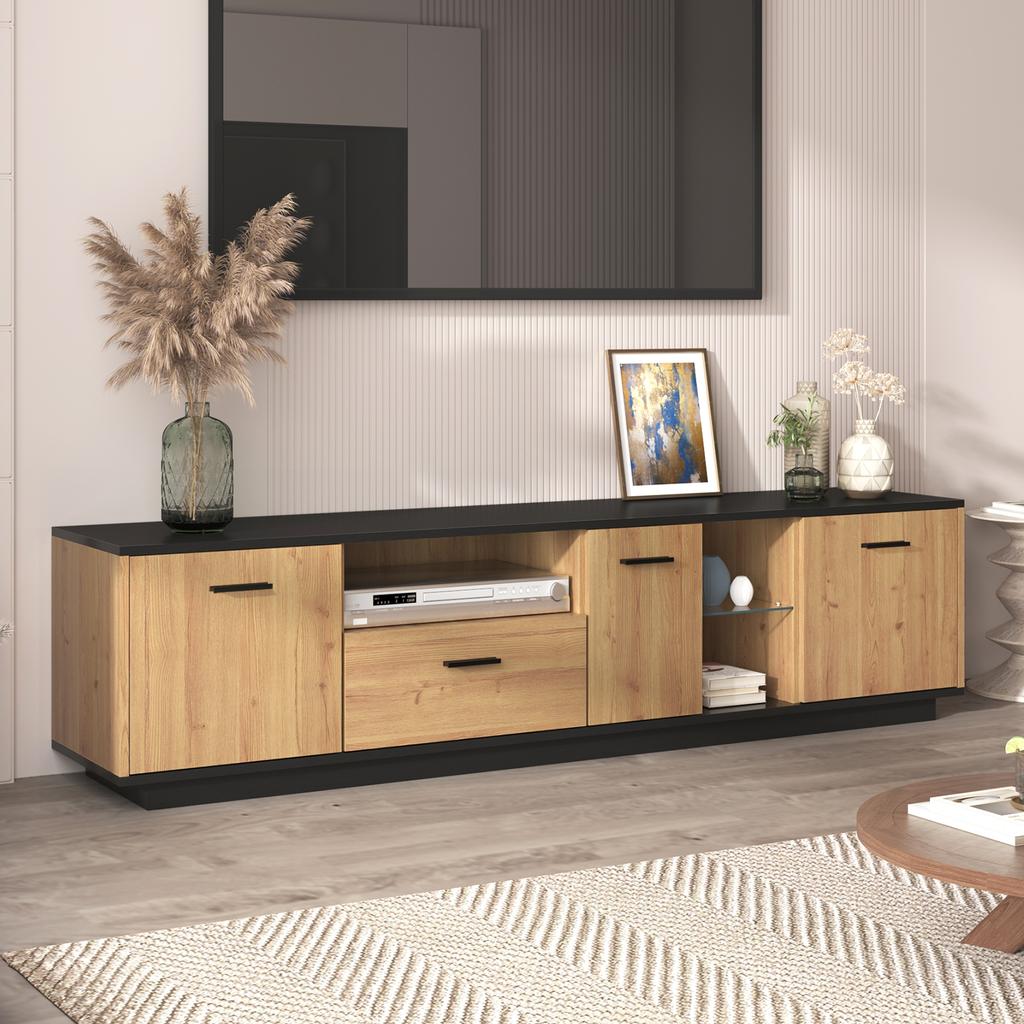 TV Cabinet with One Drawer, Three Doors, Two Open Compartments with Glass, Fine Structure, Black and Natural Wood Colors, 16 Variable LED Lights