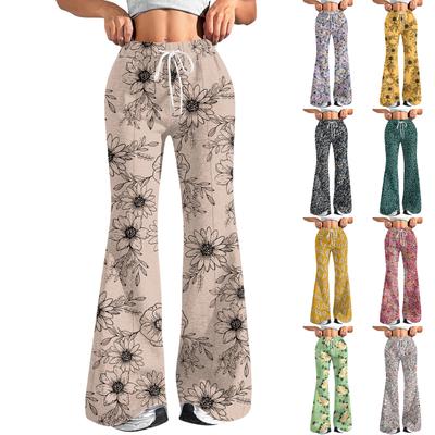 Calças Esportivas Casuais Femininas de Moda Soltas com Cordão na Cintura Estampa Floral Calças Flare Casuais