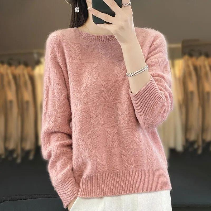 Loose Sweater Women's Round-neck Cut-out Knitted Sweater Loose Solid Color Casual Pullover for Autumn and Winter
