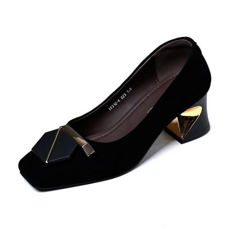 New Autumn Medium Heel Single Shoes Women's Soft Leather Thick Heel Women's Shoes Shallow High Heels Square Head Single Shoes
