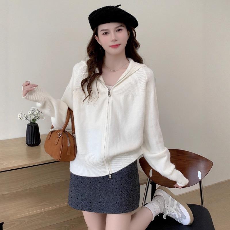 Autumn and winter new loose lazy soft waxy hooded double zipper knitted cardigan women's simple casual versatile sweater jacket
