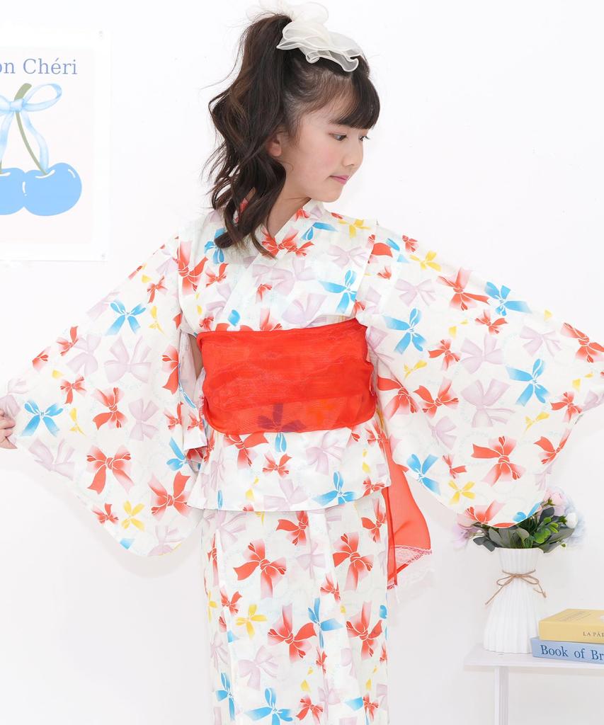 Bee Yukata Set for Easy to Wear for Fireworks White with Colorful Ribbons 3-Piece Girls, Summer, Striped, Checkered, Goldfish, Shirring, Festivals,