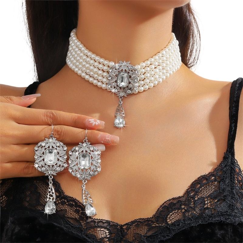 Stylish Layer Rhinestones Waterfall Necklace With Matching Earrings Jewelry Set