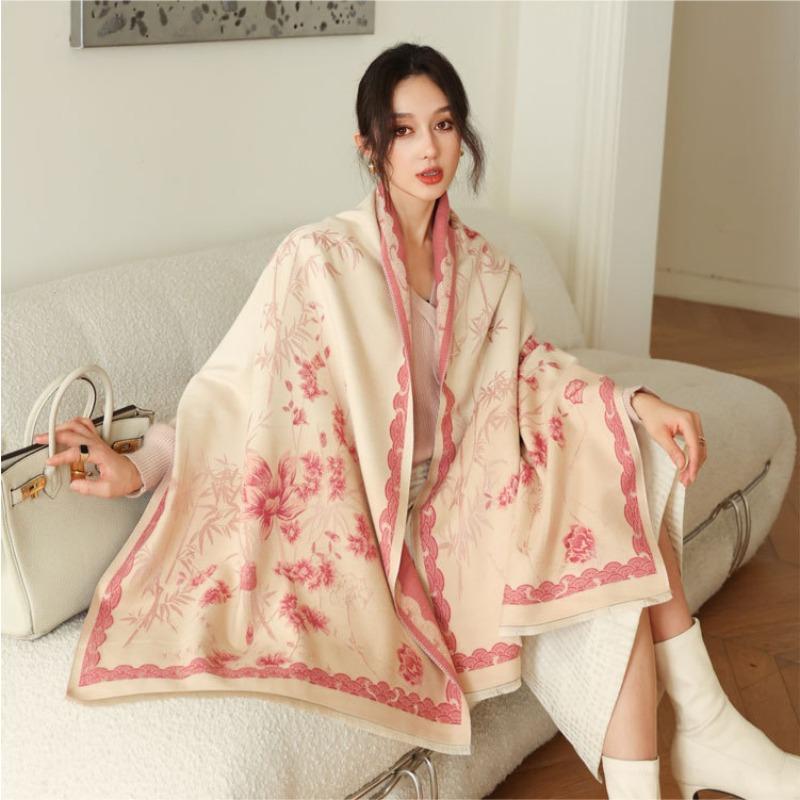 Literary imitation cashmere scarf women's autumn and winter new bamboo field flower jacquard shawl versatile simple warm scarf