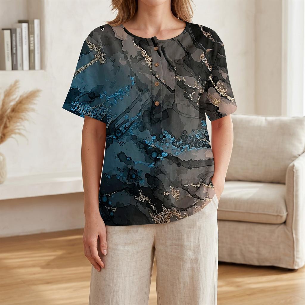 Women Short Sleeve Henley Button Neck Shirt Linen Cotton Blend Casual Chest Pocket Printed Top