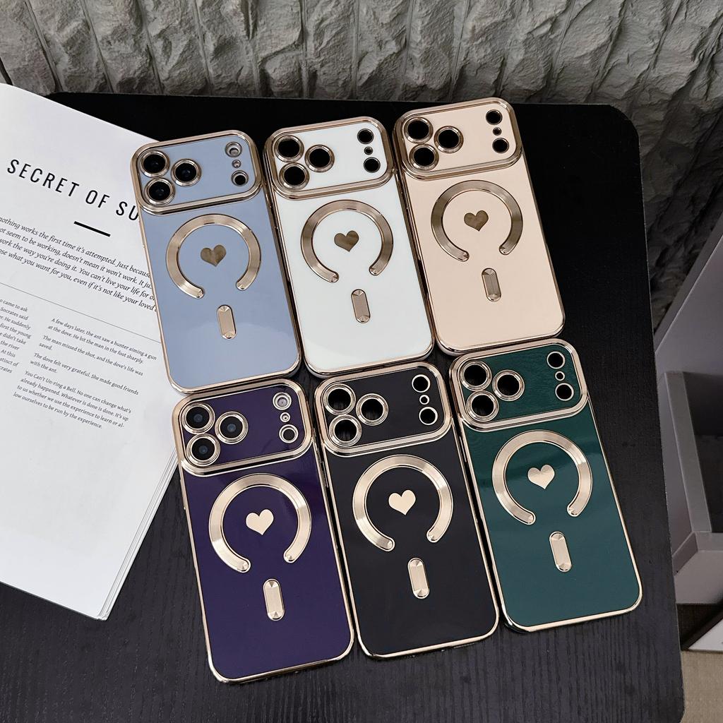 Case for 17 16 15 14 13 12 11 Pro Max Magnetic Protective Case Heart Pattern Shock Proof Anti-Fingerprint Wireless Charging