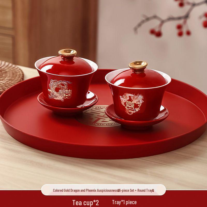 Wedding Tea & Chopstick Set: Red Bowls for Toasting & Happy Celebrations.