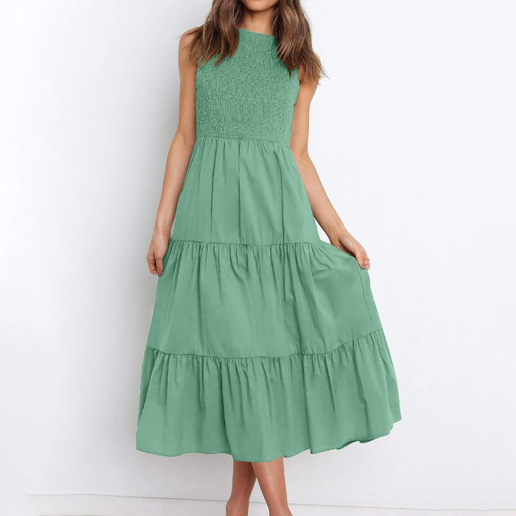 Women's Summer Casual Sleeveless Round Neck High Waist Swing A Line Dress