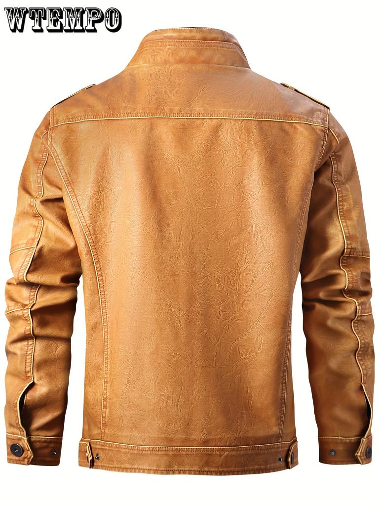 Men's Casual Vintage Style PU Leather Jacket With Pockets -  Stylish & Durable - For Everyday Wear - Perfect Gift for Fashionable Men
