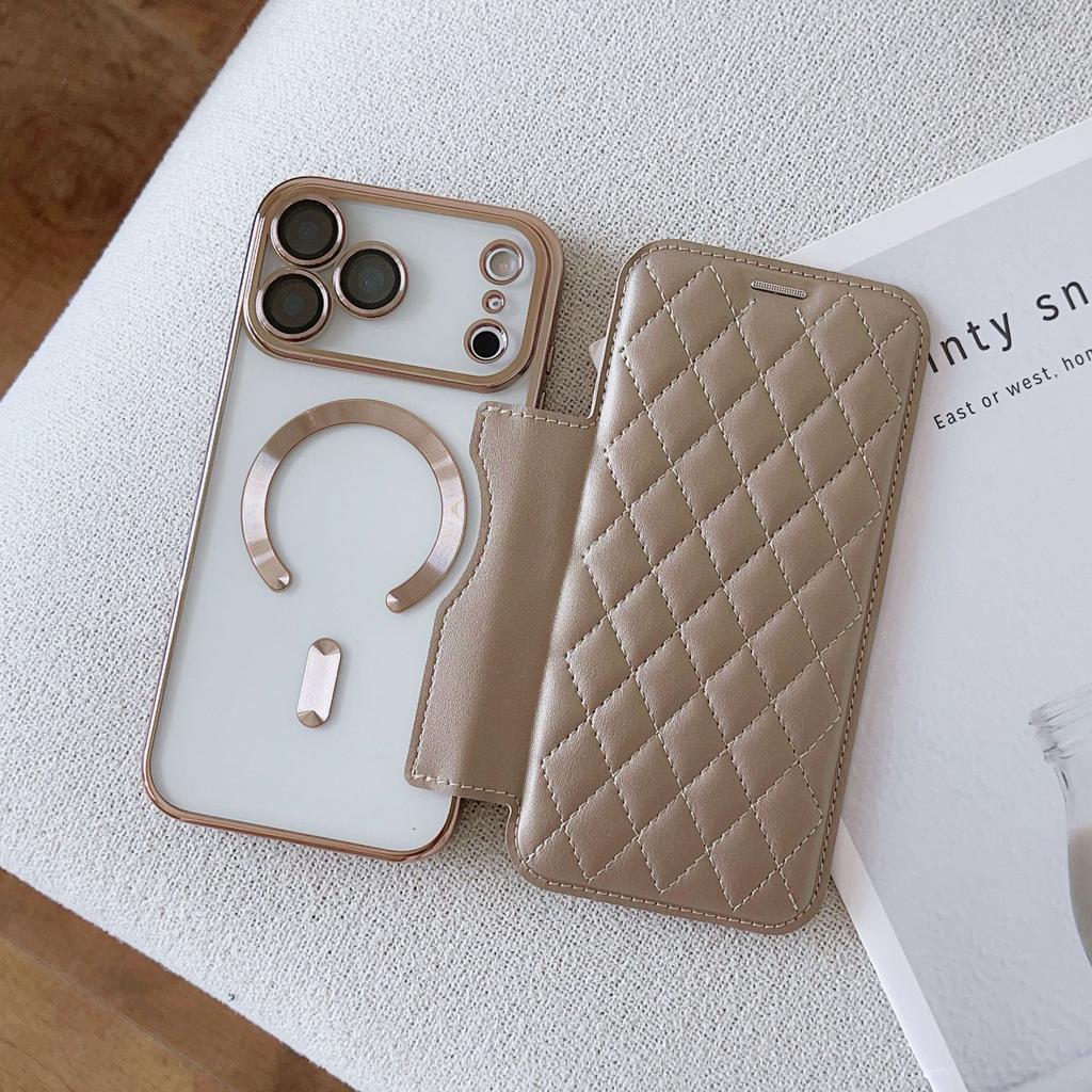 Applicable To iPhone17 Magnetic Mobile Phone Case Rhombus Flip Card Leather Case 17pro Electroplating 17 Anti-drop Protective Case
