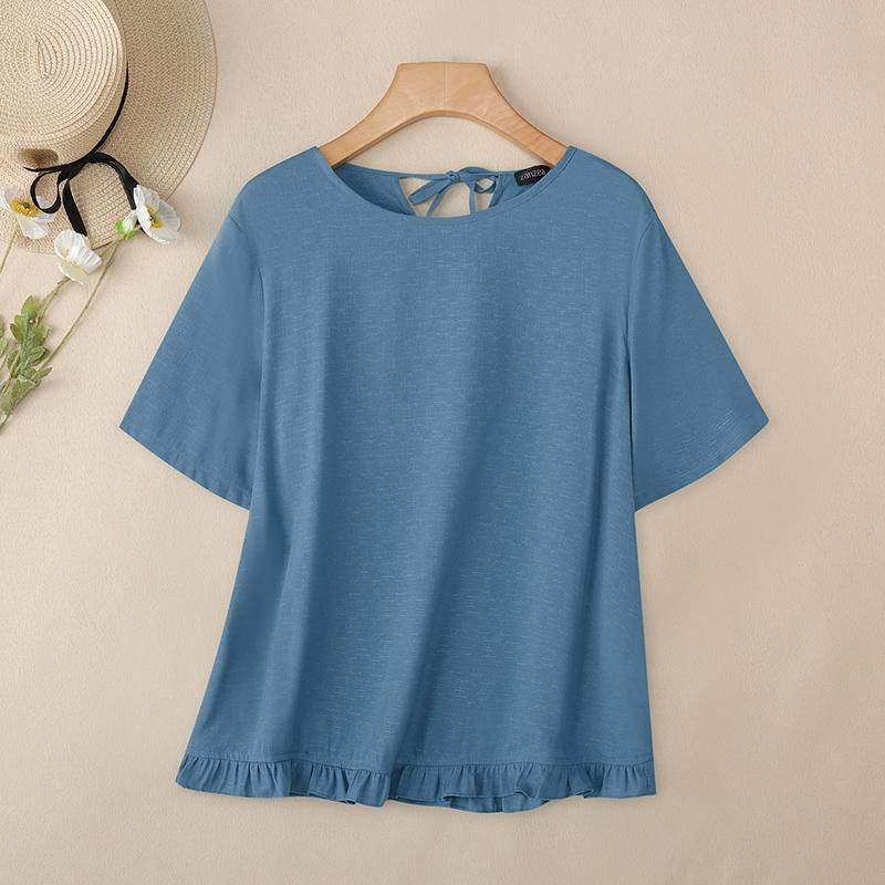 ZANZEA Women Casual Round Neck Summer Short Sleeve Blouse