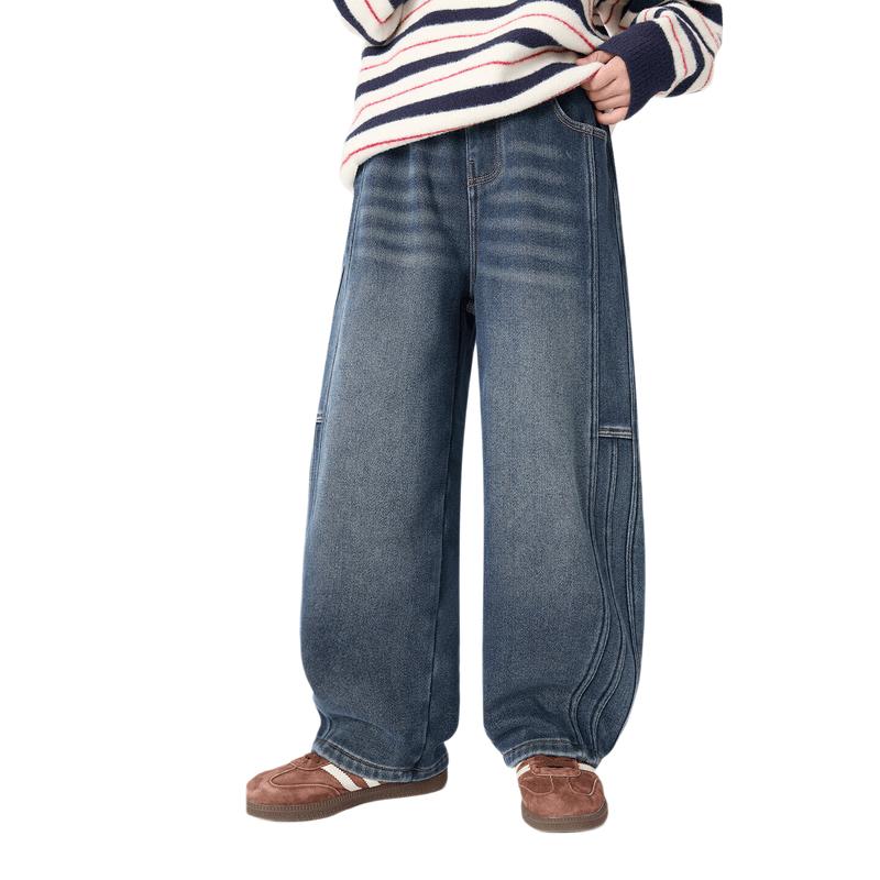 Zuo Xi Boy's Thickened Fleece Washed Denim Straight-Leg Jeans