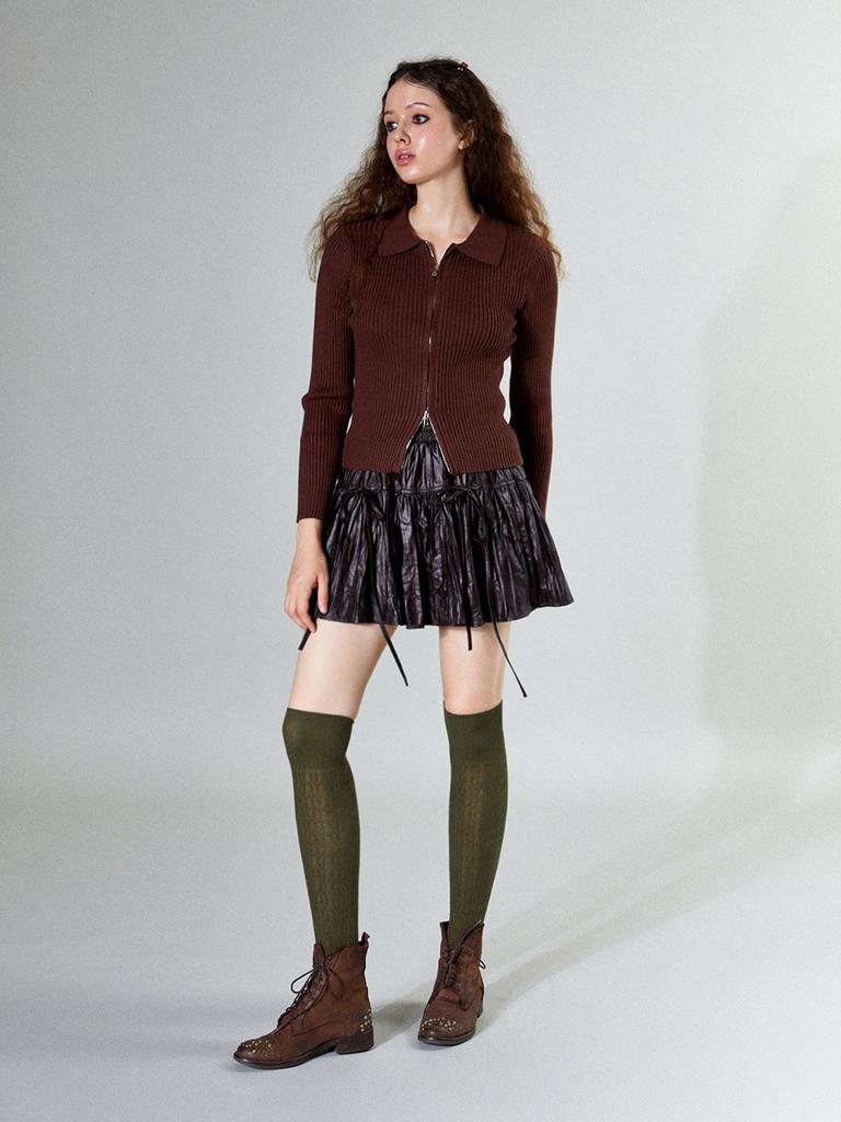 Cool Kitten Ribbon Leather Ruffle Skirt