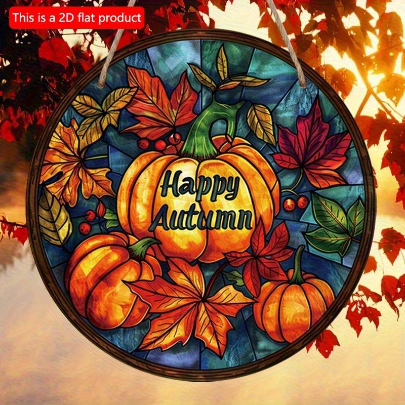 2d Flat 20*20cm, Autumn Decoration, Hello Autumn, Autumn Harvest Maple Leaves Pumpkin Wooden Circular Logo, for Home, Cafe, Bedroom, Office Wall Decor