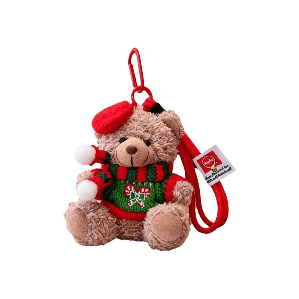 Red Beret Plush Bear Keychain Soft Plush Xmas Tree Bauble Cartoon Bag Charm  Festival Gathering