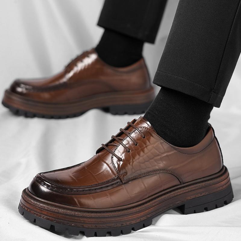 British Leather Men Business Dress Shoes Fashion Casual Bog Head Men's Derby Lace-up Shoes Designer Increase Platform Shoes Male