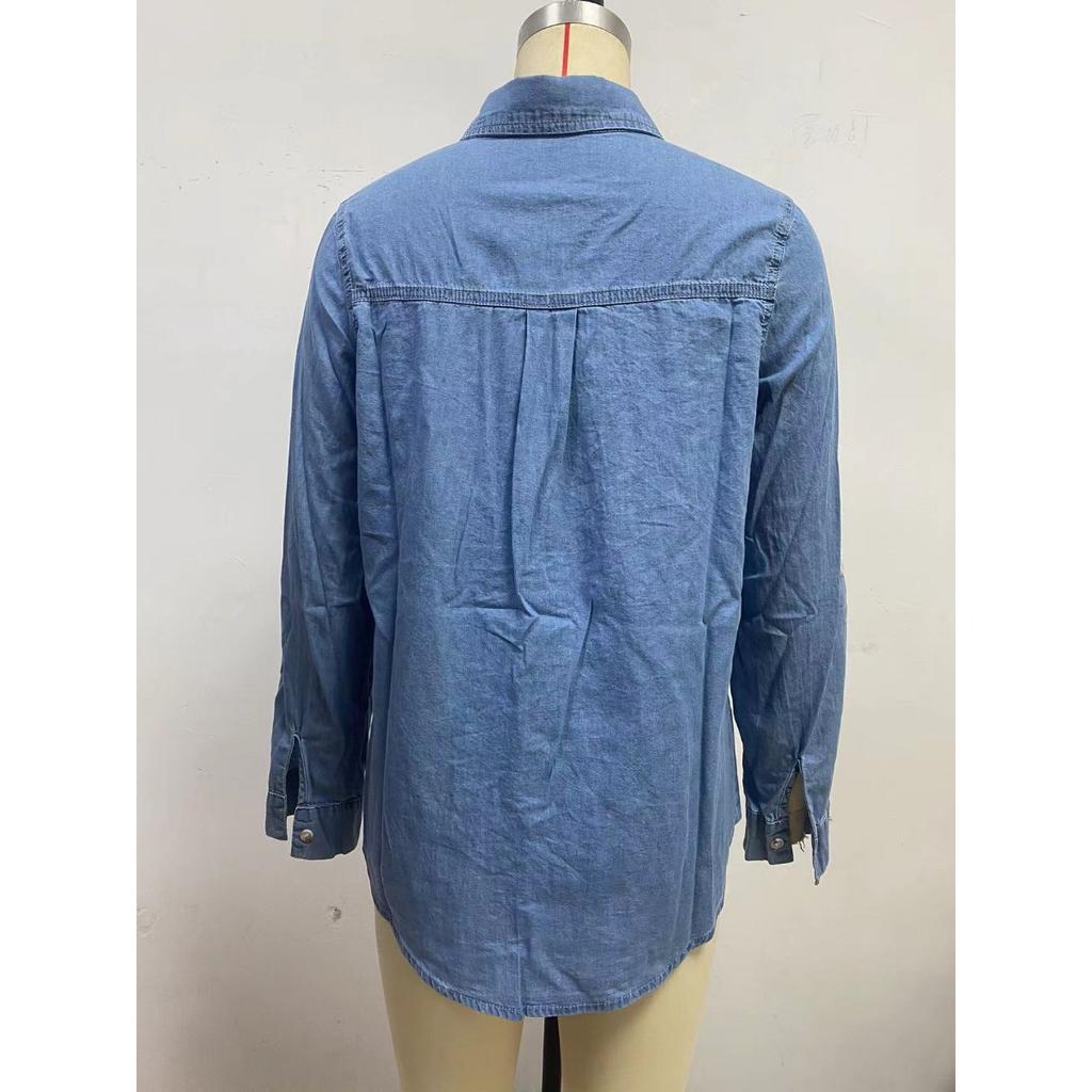 Women's Long Sleeve Denim Shirt 2025 Autumn Casual Lapel Single Breasted for JOOM Europe America