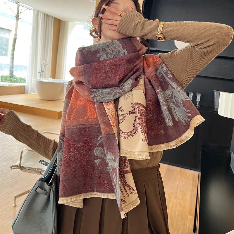 Winter Elegant and Fashionable Imitation Cashmere Scarf New All Creatures Double-sided Versatile Scarf Cold proof Warm Shawl
