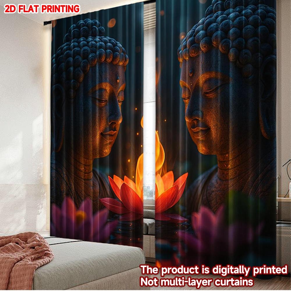 2D flat printing 2pcs Curtain figure of Buddha Digital Printed Polyester Drapes Party Decorations Perfect for Room bedroom wall