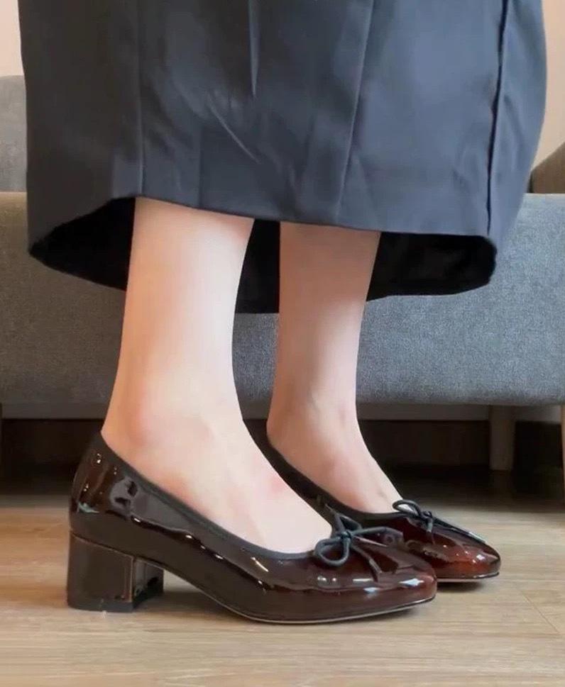 Cowhide Version~ Leather Bow Light Mouth Single Shoes Women's New Retro Green Round Head One-pedal Temperament High Heels