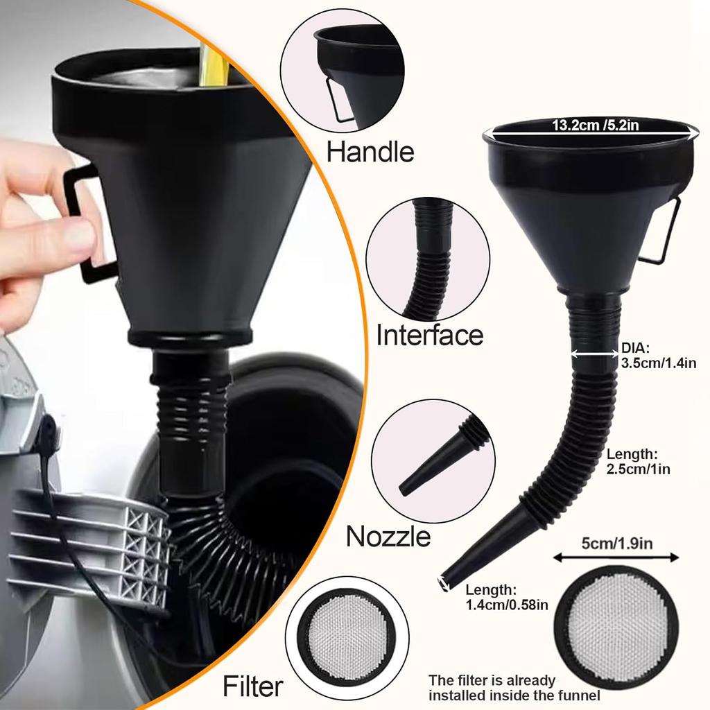 Automotive Refueling Set 10 Pack,Features A Wide-Mouth Oil Funnel, Snap-On Design, Hands-Free Long Neck, And Flexible Right-Angle Oil Funnel For