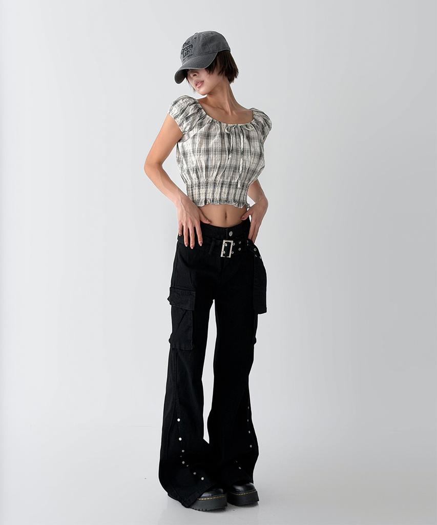 THE GREEN LAB Studded Belt Bootcut Cargo Pants [Black]