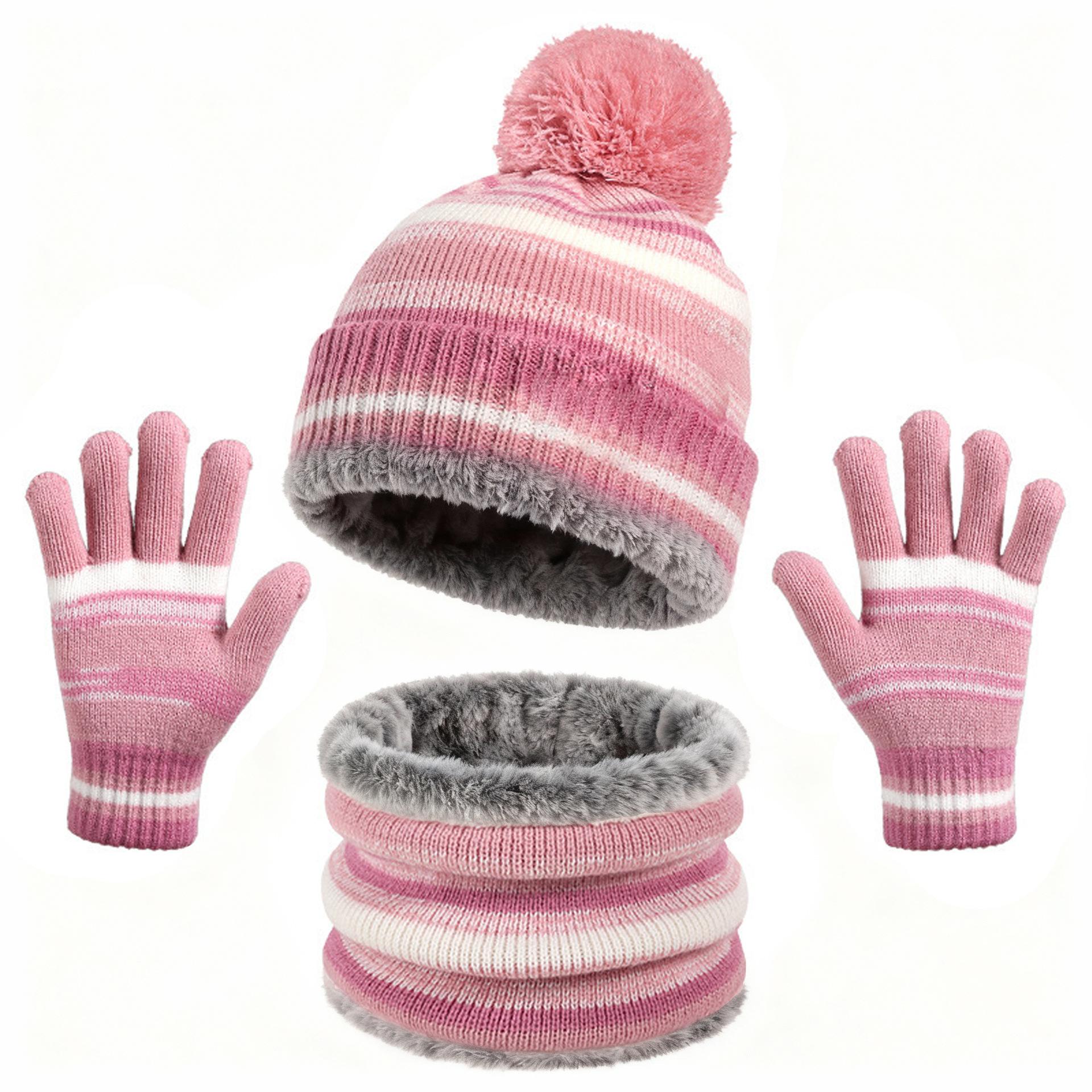 Cross-border Children s Boys Hat Scarf Gloves Three-Piece Striped Autumn Winter Knitted Spandex/Cotton Jacquard Button Warm