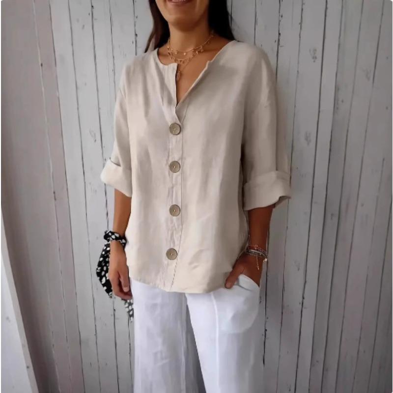 T-shirt da donna estiva nuova, larga, in cotone e lino, con scollo a V, bottoni, casual