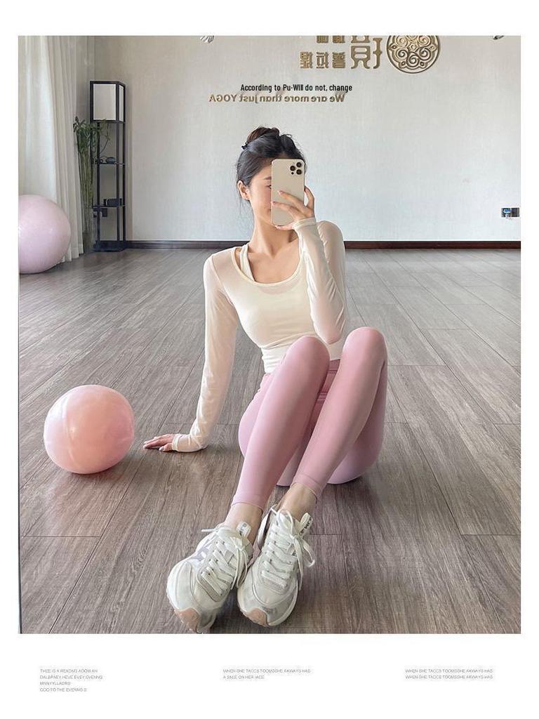 Women's Long-Sleeve Mesh Splicing T-Shirt with Built-in Bra, European and American Style, Pilates-Inspired, Fake Two-Piece Design