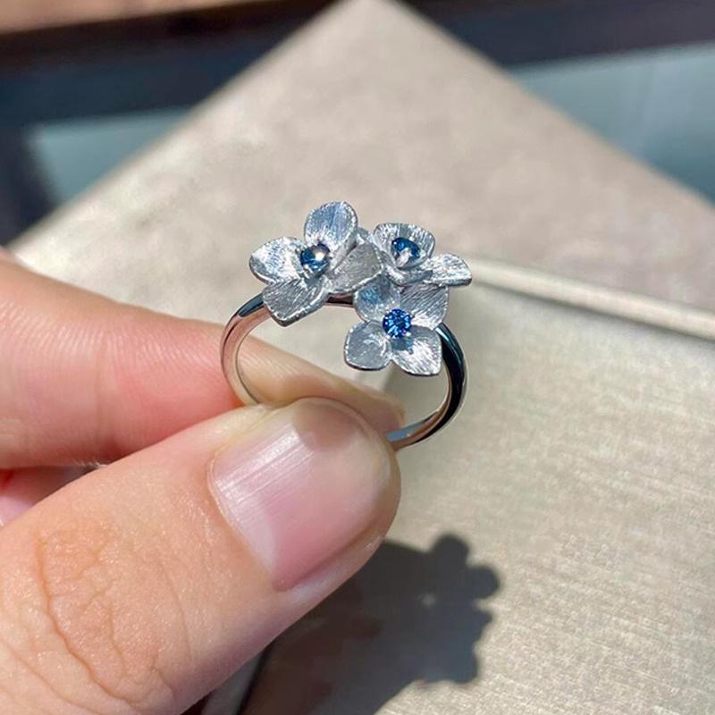 925 Sterling Silver Blue Zircon Flower Ring: Women's Luxury Chinese Style Index Finger Accessory