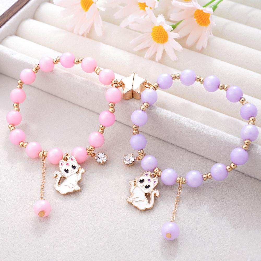 2 Pezzi Clip Magnetica Abbinate Braccialetti Carino Cartone Animato Gatto Ciondolo Elastico Acrilico Perla Sintetica Perline Braccialetti dell'Amicizia