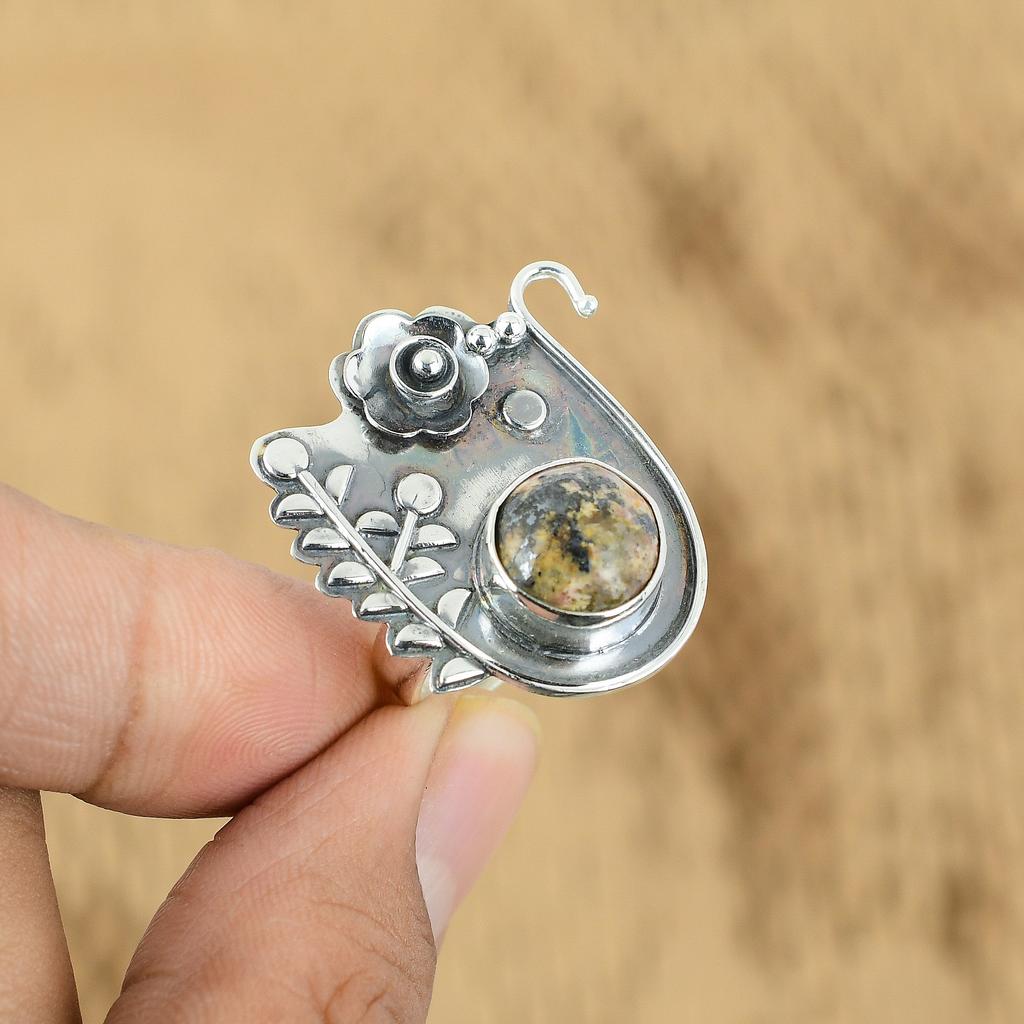 Oval Picture Jasper Gemstone 925 Sterling Silver Statement Flower Promise Ring