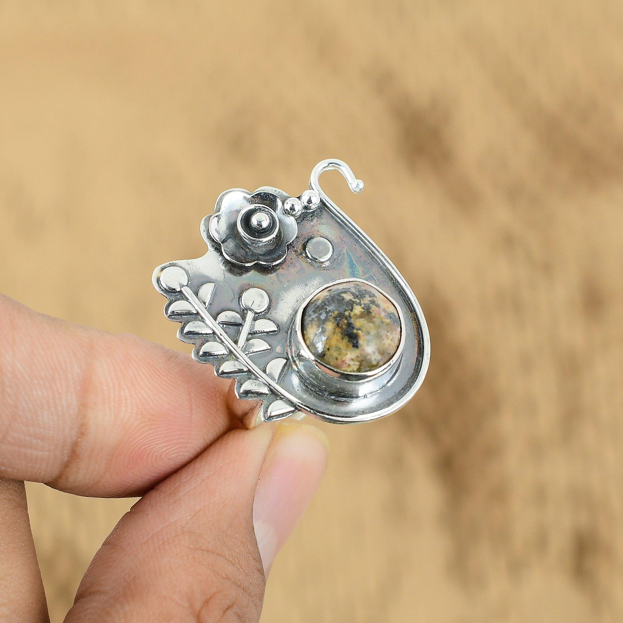

Oval Picture Jasper Gemstone 925 Sterling Silver Statement Flower Promise Ring Yes