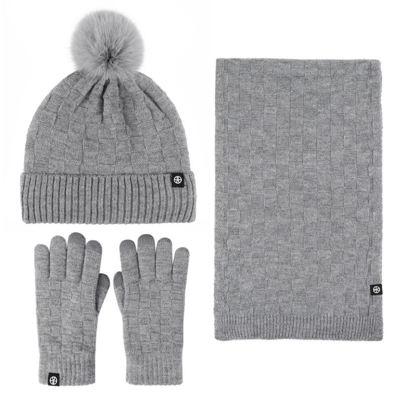Winter warm scarf three-piece set outdoor cold-proof plush ball knitted hat scarf gloves 3-piece set