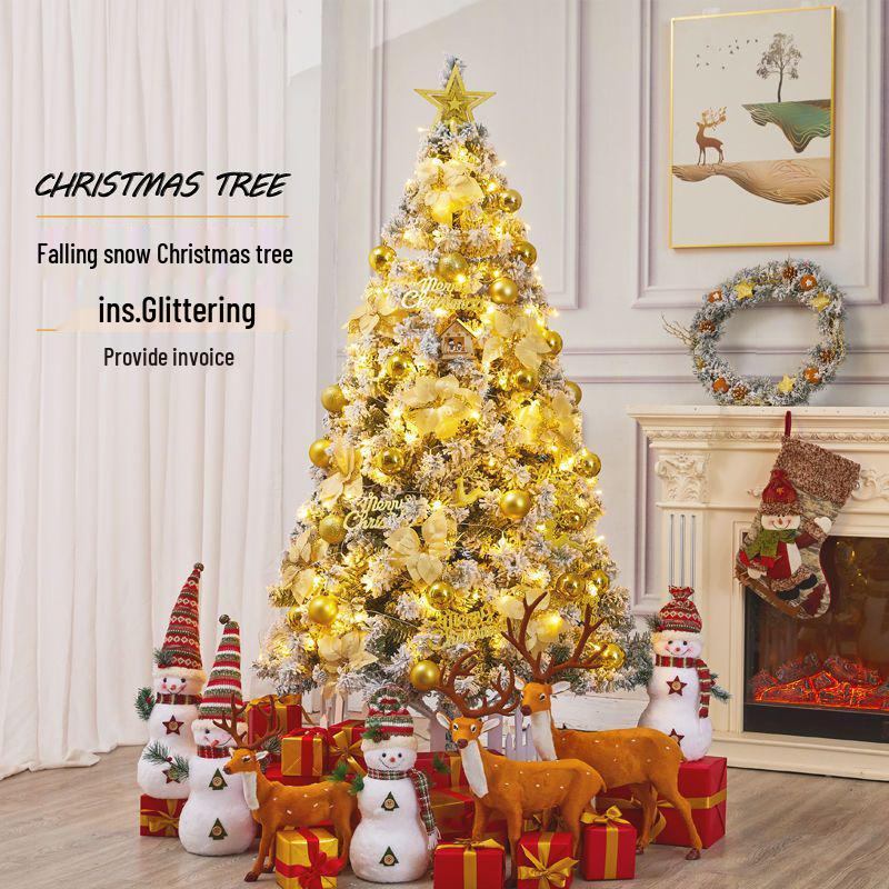 Golden Christmas Tree Set with Ornaments: 1.5m, 1.8m, 2.1m Flocked Pine with White Snow
