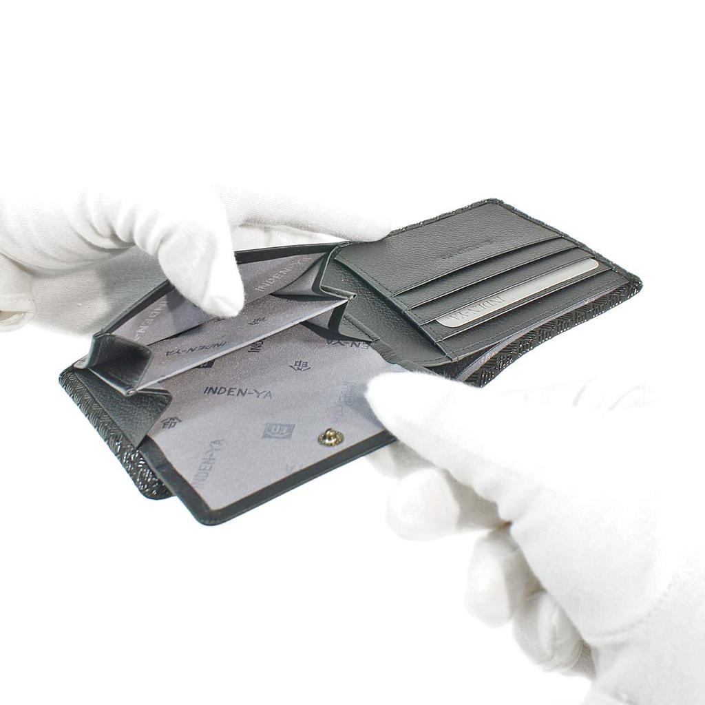 [Inden-ya] Inden Bifold Wallet with Bill Compartment J and Coin Purse, Deerskin, Black with Black Lacquer, Ajiroi Weave Pattern, 2006-01-158