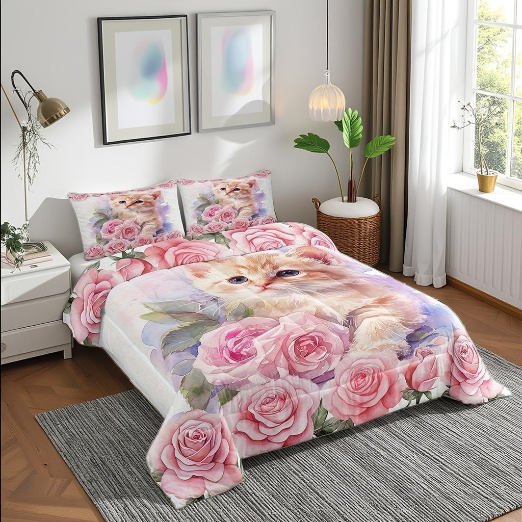 Kawaii Rosa Katzenbettwäsche Set Einzel-/Doppel-/Queensize Floral Rosa Rosenblüten Bettdeckenbezug Set für Damen- und Mädchenzimmerdeko
