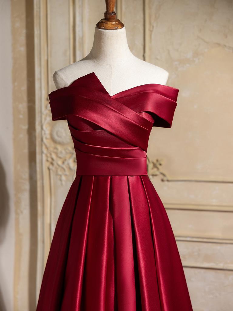 New Satin Toast Dress Engagement Shoulder Burgundy Vocal Art Test Host Temperament Banquet Evening Dress Women